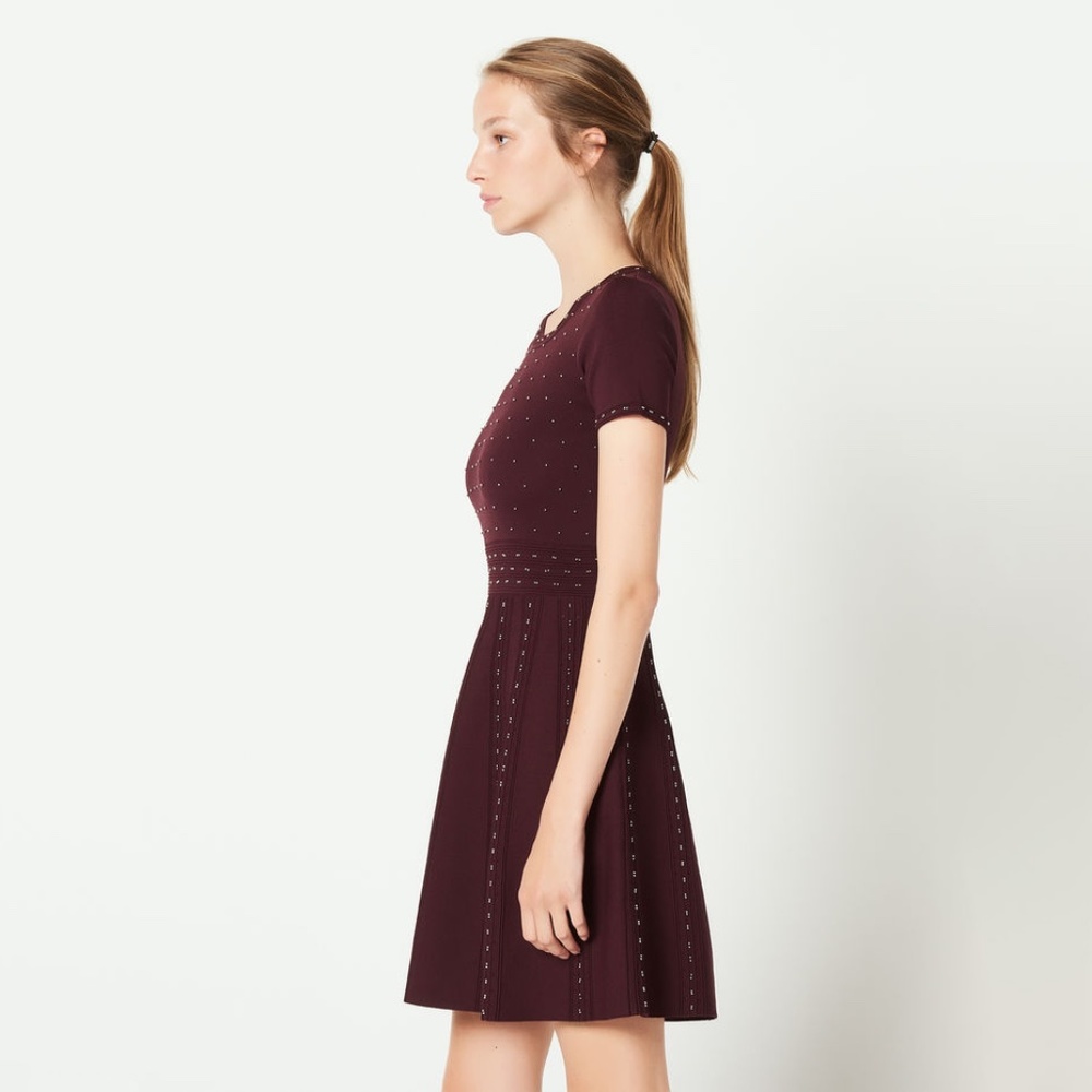 ✨sold✨ sandro • montaigne bordeaux bead embellished stud fit flare studded dress - Picture 4 of 12